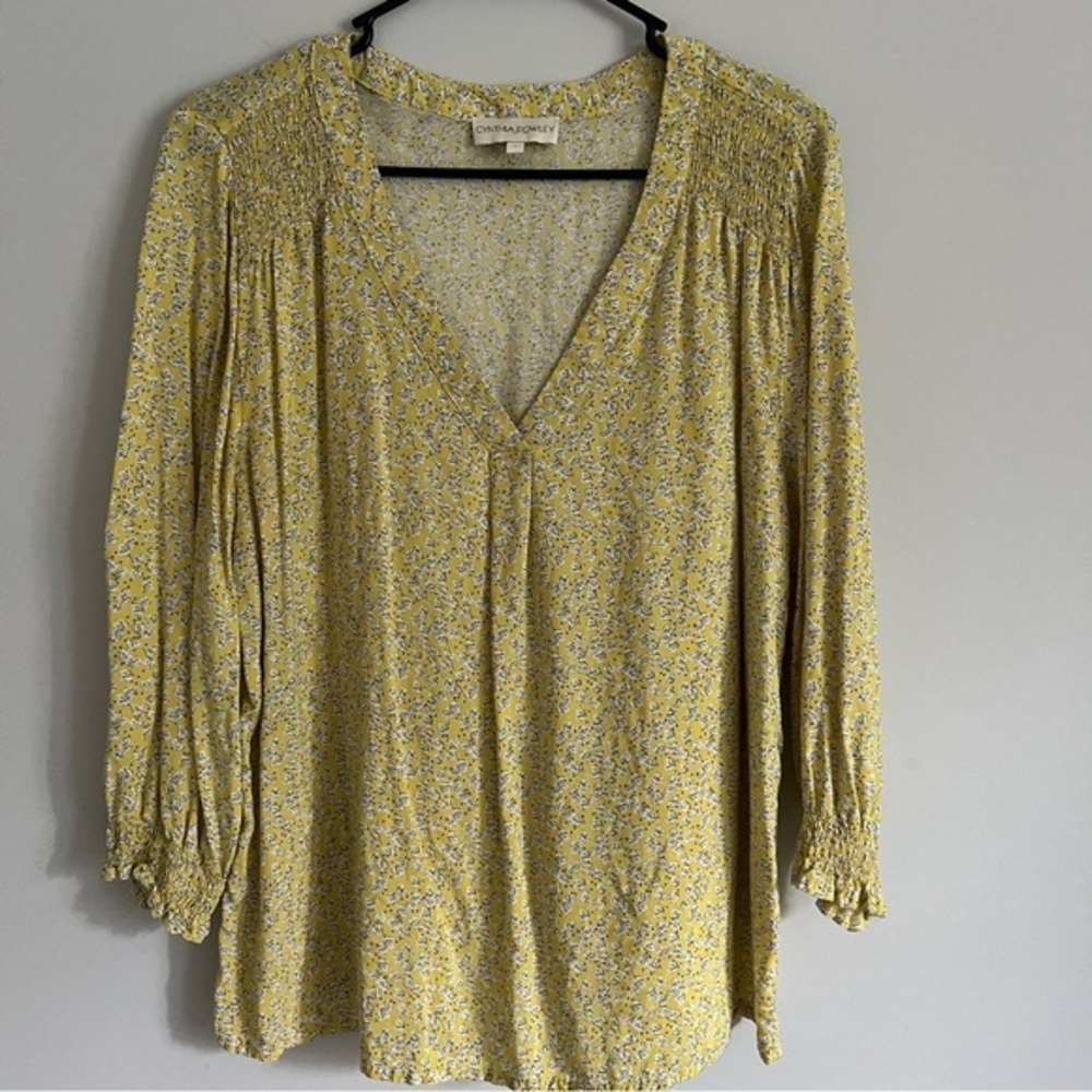Cynthia Rowley Yellow Small Leaf Print V Neck Peasant Long Sleeve Blouse